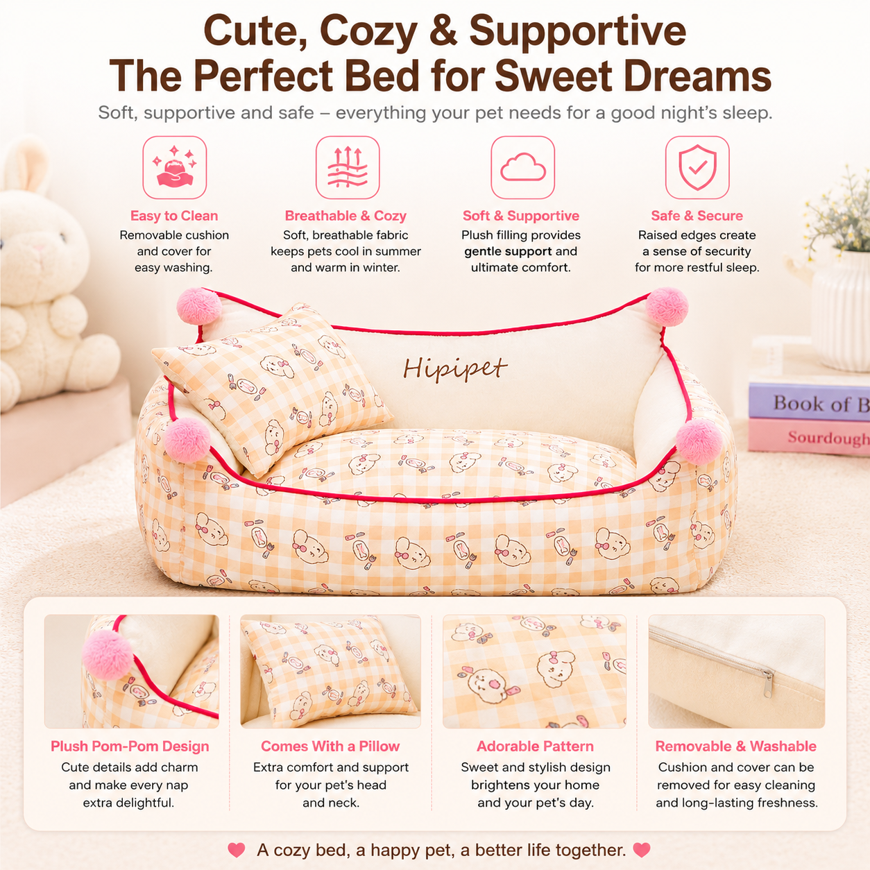 Hipipet Soft Support Pet Bed with Pillow | Washable Dog & Cat Sofa Bed | All-Season Comfort
