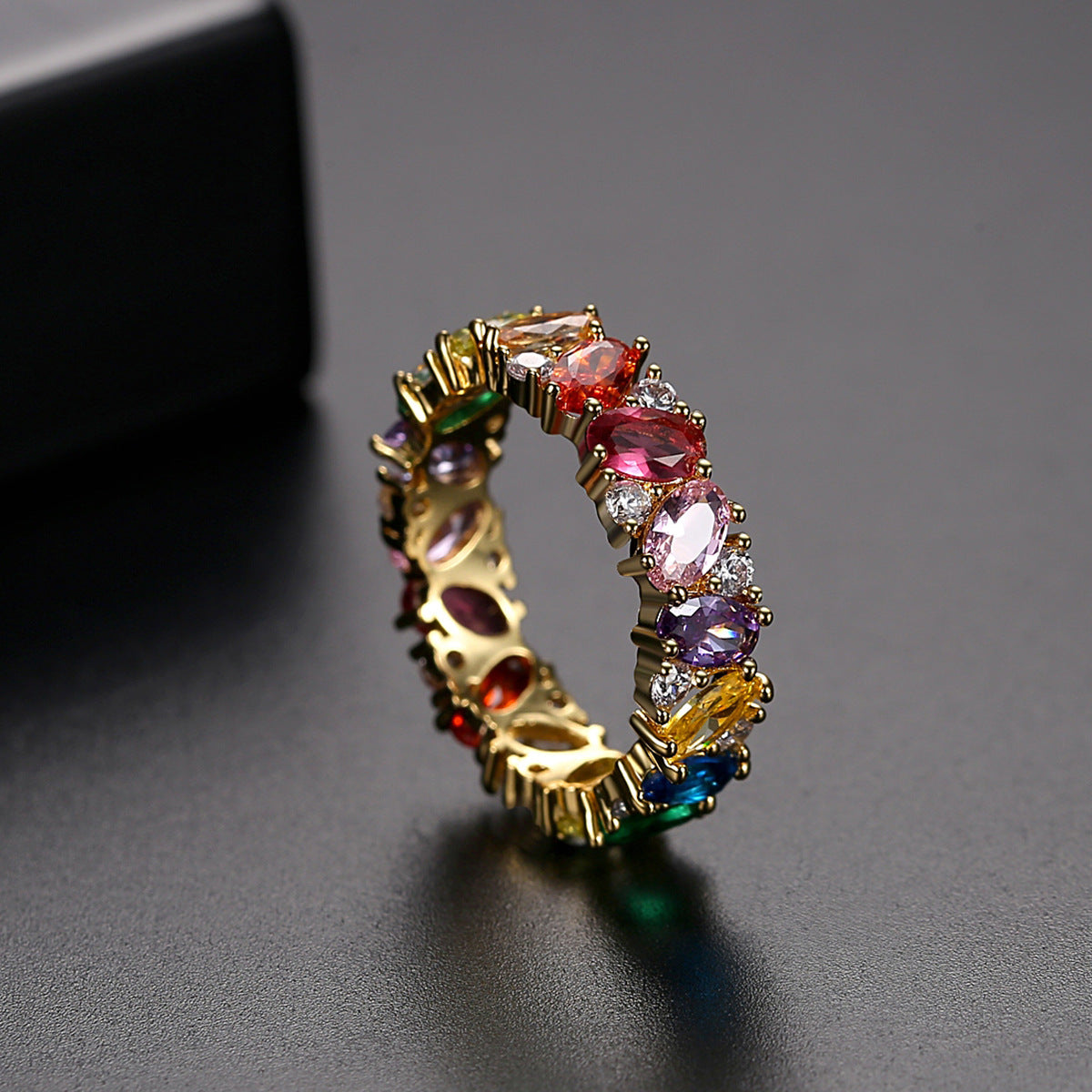 Gold Plated Rainbow Marquise Cubic Zirconia Band Ring AAA107