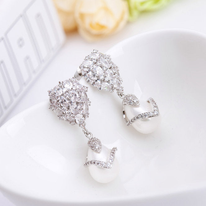 Water Drop Shape Faux Pearl Cubic Zirconia Dangle Earrings AAA1307