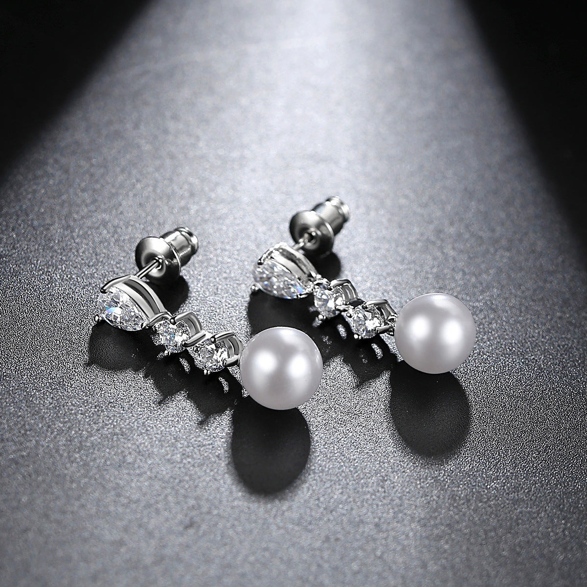 White Gold Plated Faux Pearl Cubic Zirconia Dangle Drop Earrings AAA1865
