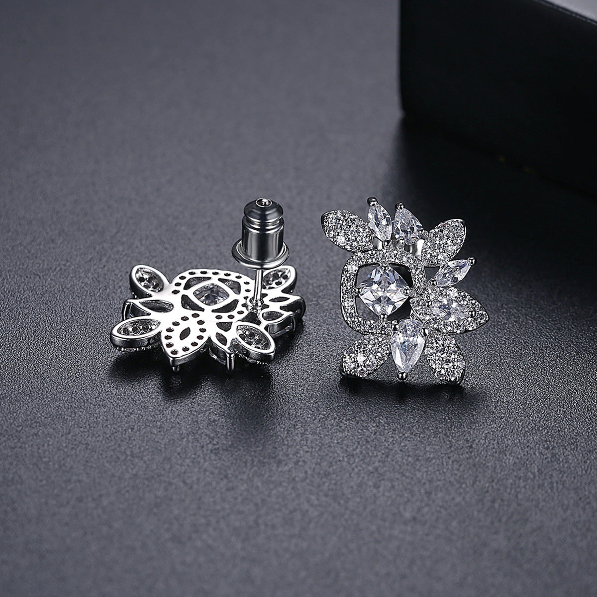 White Gold Plated Cubic Zirconia Flower Stud Earrings AAA2235