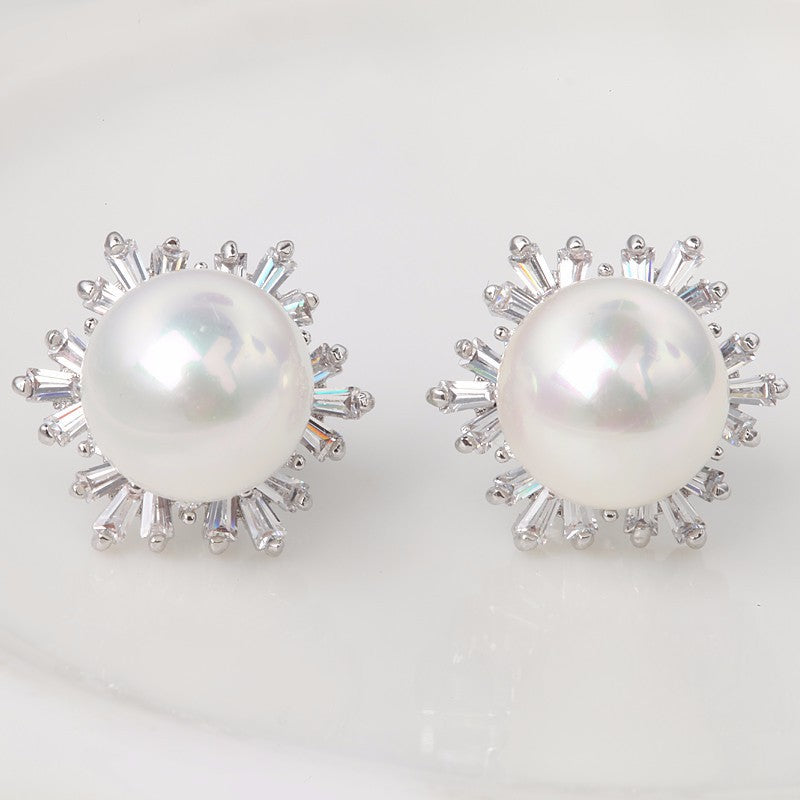 White Gold Plated Faux Pearl Cubic Zirconia Stud Earrings AAA2274