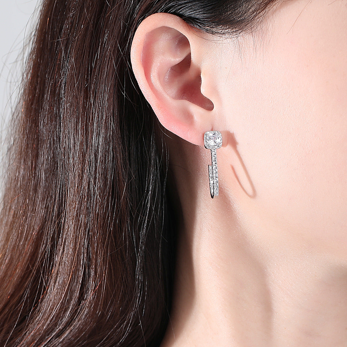 Square Cushion Cubic Zirconia C Shape Stud Earrings AAA2318