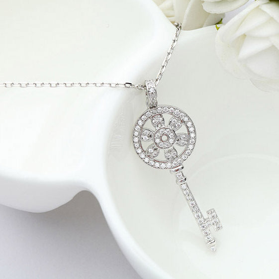 White Gold Plated Cubic Zirconia Key Charm Necklace AAA2331