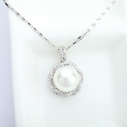 Gold Plated Cubic Zirconia Faux Pearl Pendant Necklace AAA2396