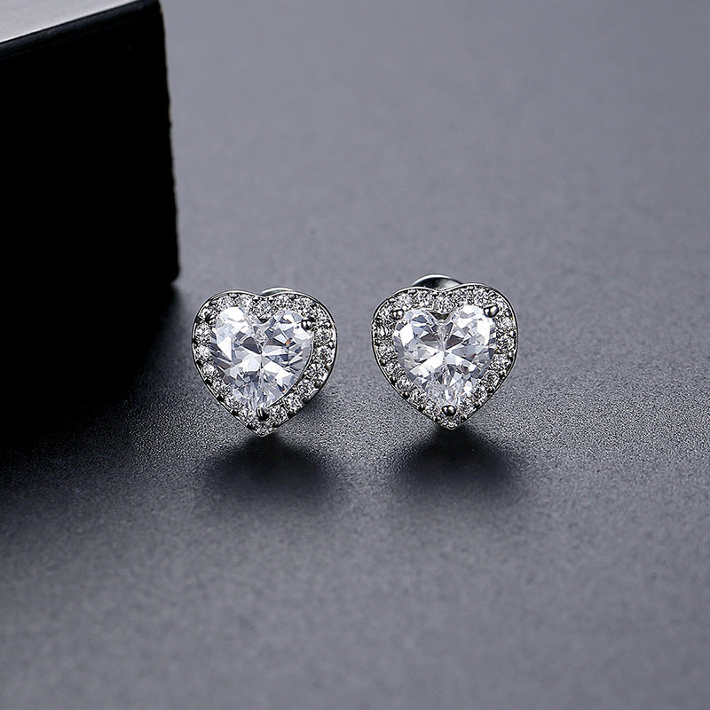 White Gold Plated Blue Heart Shape Cubic Zirconia Stud Earrings AAA2410