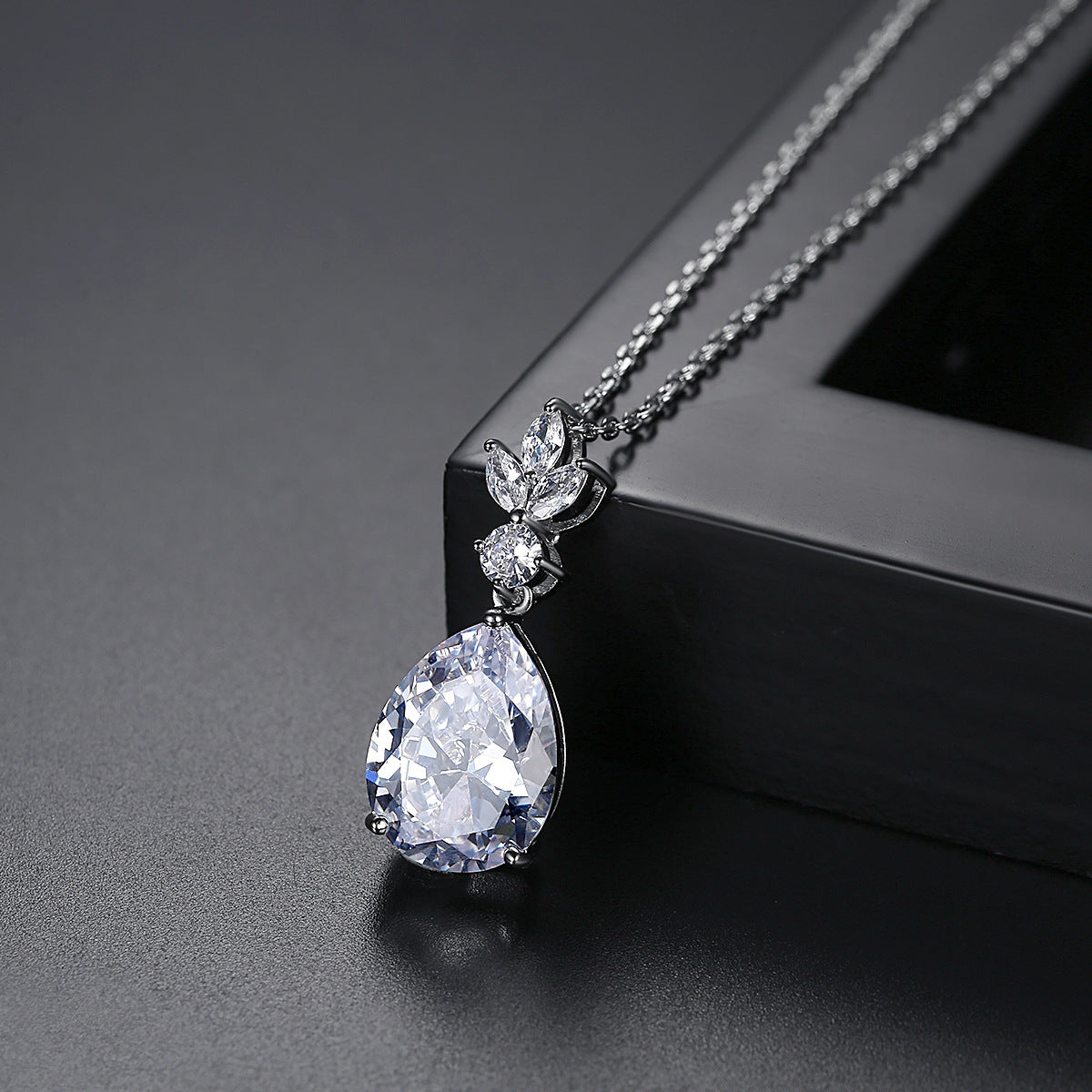 White Gold Plated Teardrop Cubic Zirconia Pendant Necklace AAA2430