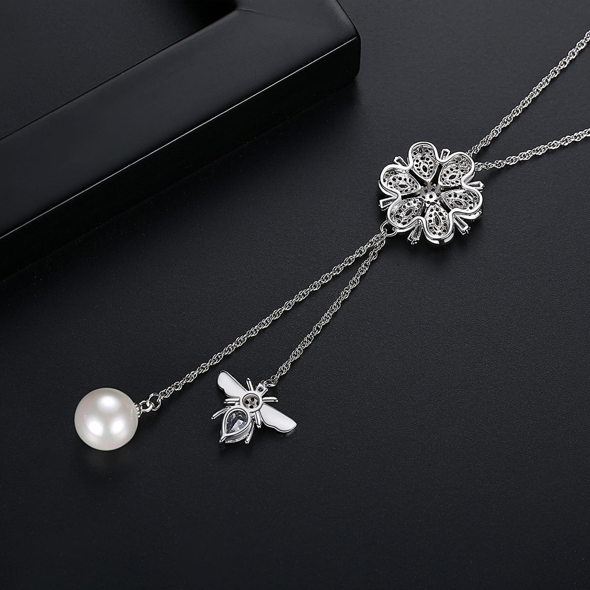Gold Plated Cubic Zirconia Faux Pearl Flower Bee Y Pendant Necklace AAA2435