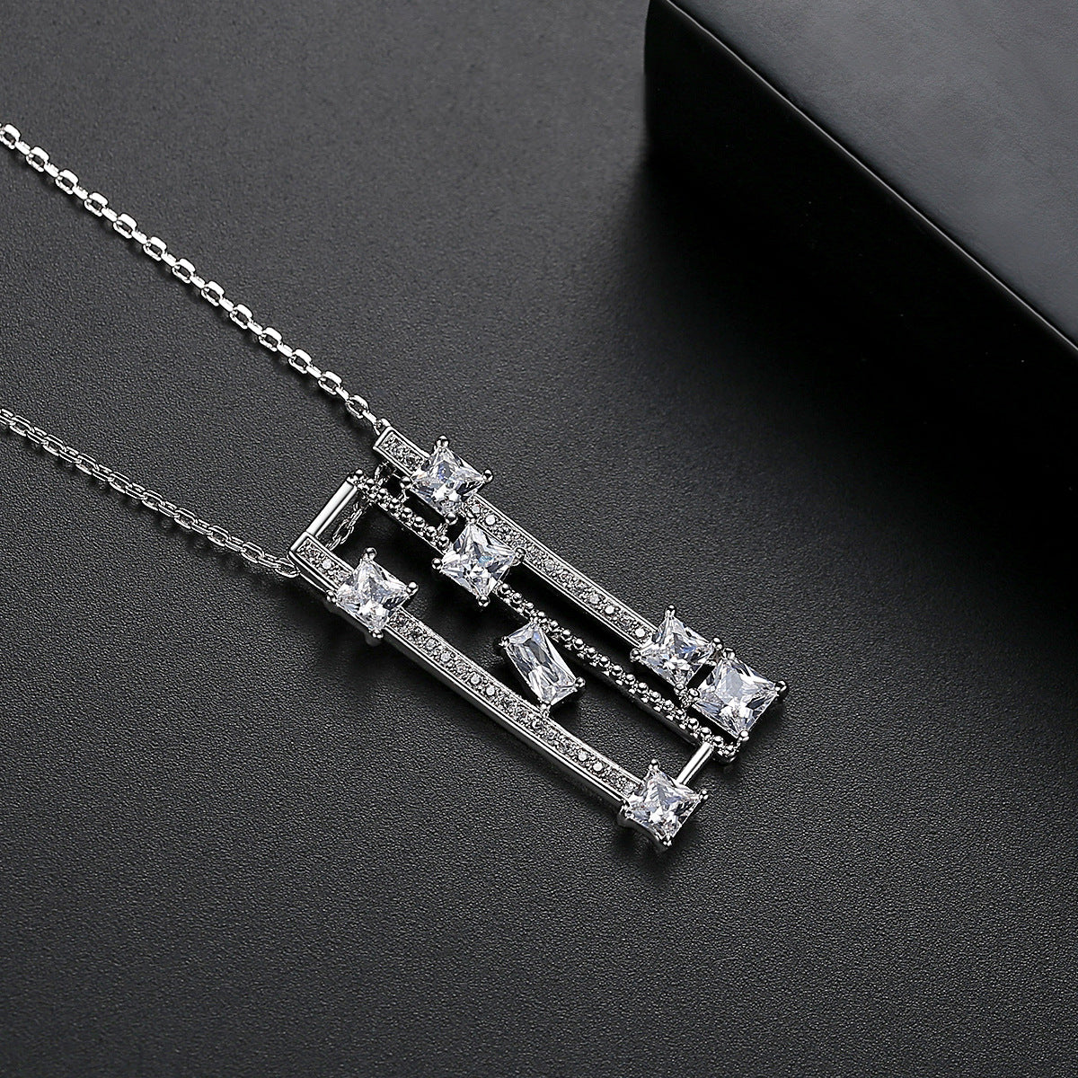 Rectangular Hollow Cubic Zirconia Pendant Necklace AAA2452