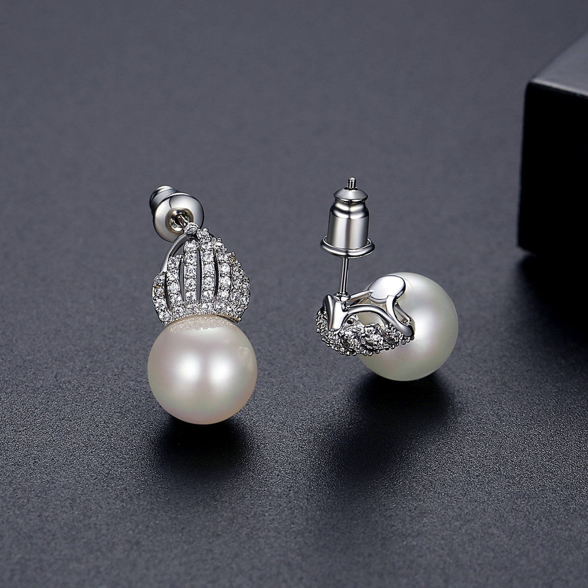 White Gold Plated Faux Pearl Cubic Zirconia Shell Drop Earrings AAA2462