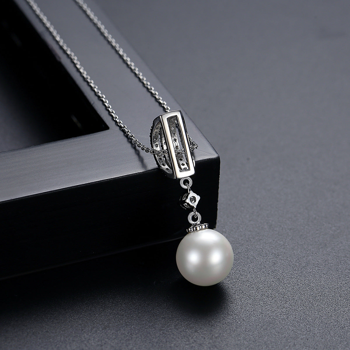 White Gold Plated Cubic Zirconia Faux Pearl Chain Necklace AAA2477