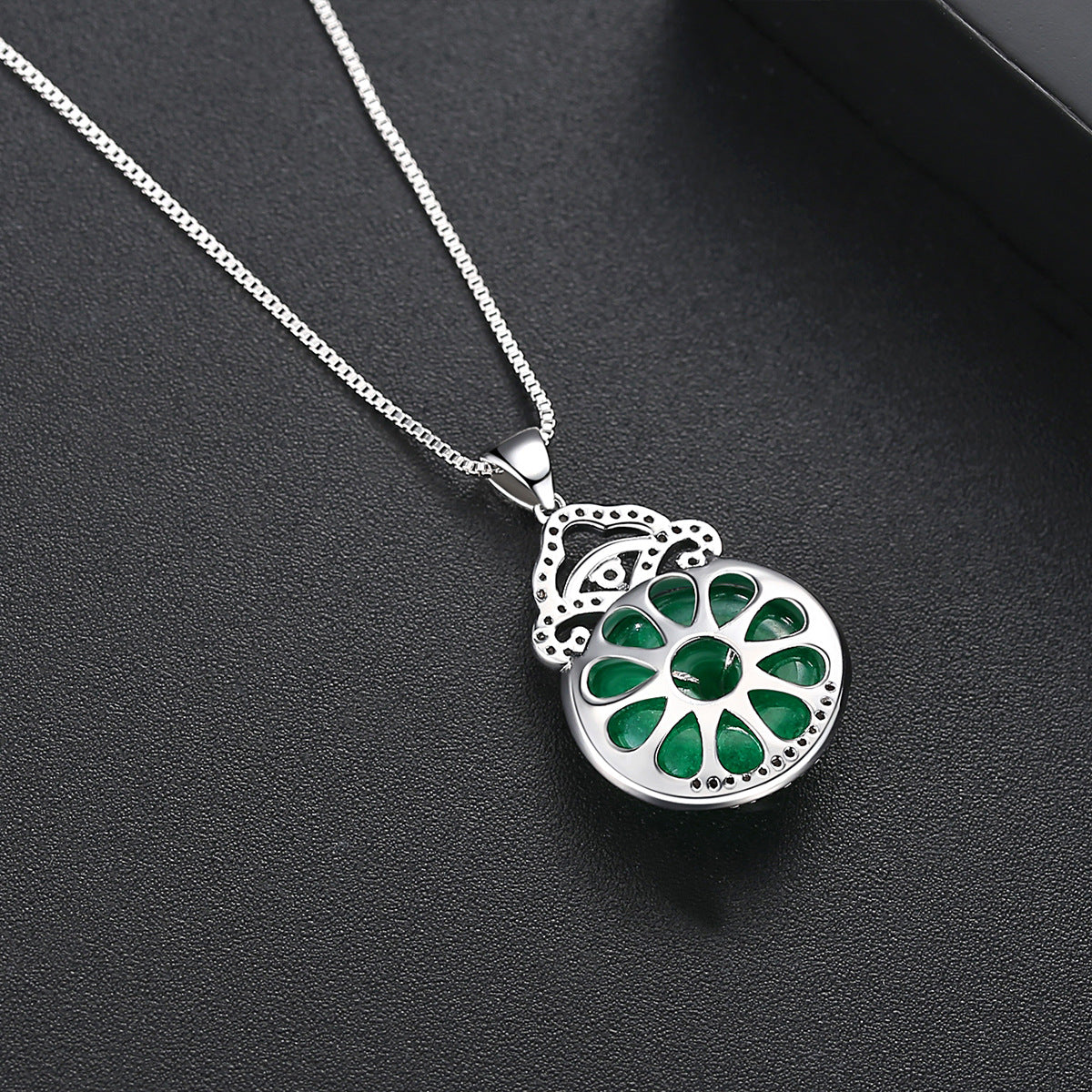 White Gold Plated Cubic Zirconia Faux Jade Box Chain Necklace AAA2490