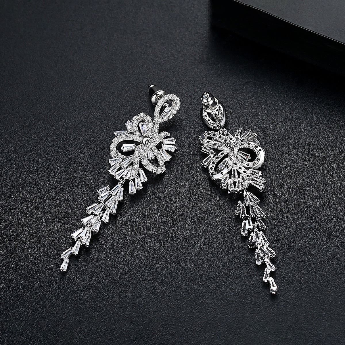 White Gold Plated Cubic Zirconia Flower Tassel Earrings AAA2536