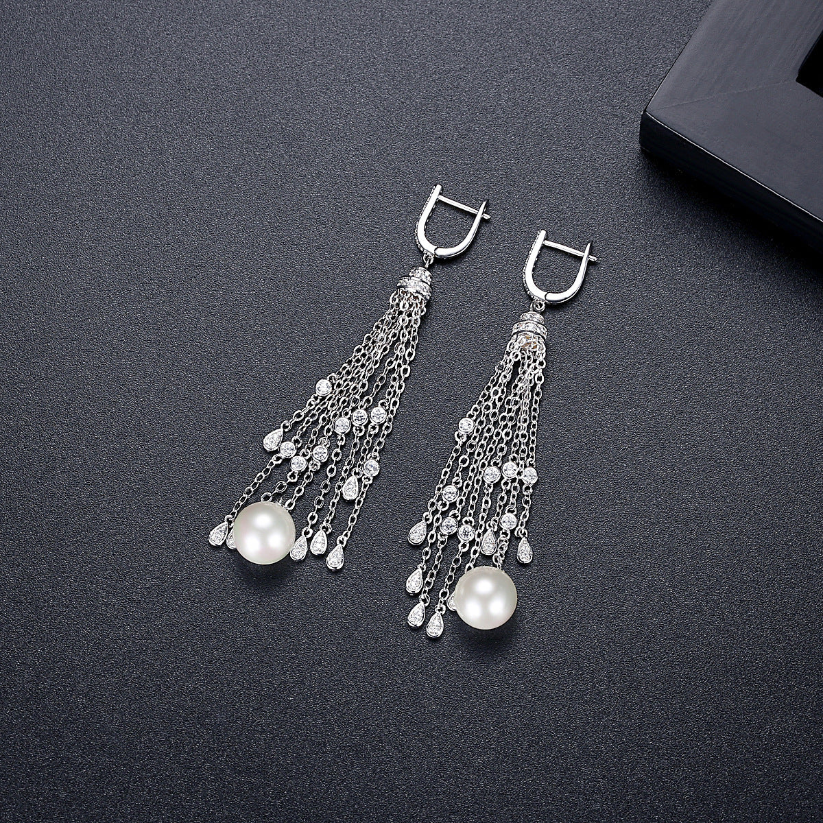 White Gold Plated Faux Pearl Cubic Zirconia Long Tassel Earrings AAA2537