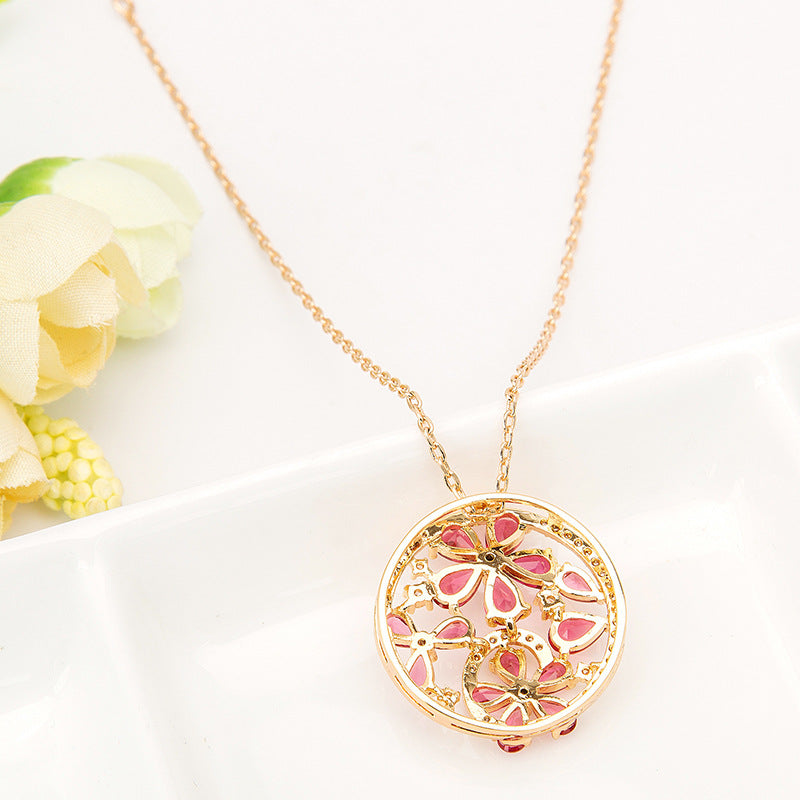 Ruby Flower Cubic Zirconia Gold Plated Chain Necklace AAA2549