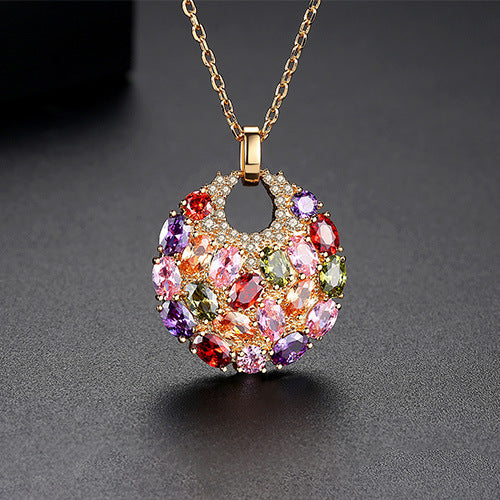 Rose Gold Plated Multi-Color Cubic Zirconia Disc Pendant Necklace AAA2554