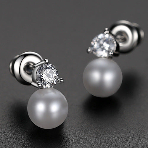 Gold Plated Faux Pearl & Cubic Zirconia Stud Earrings AAA288