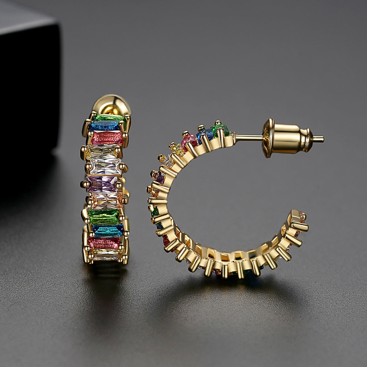 Gold Plated Colorful Baguette Cubic Zirconia Open C Hoop Earrings AAA476