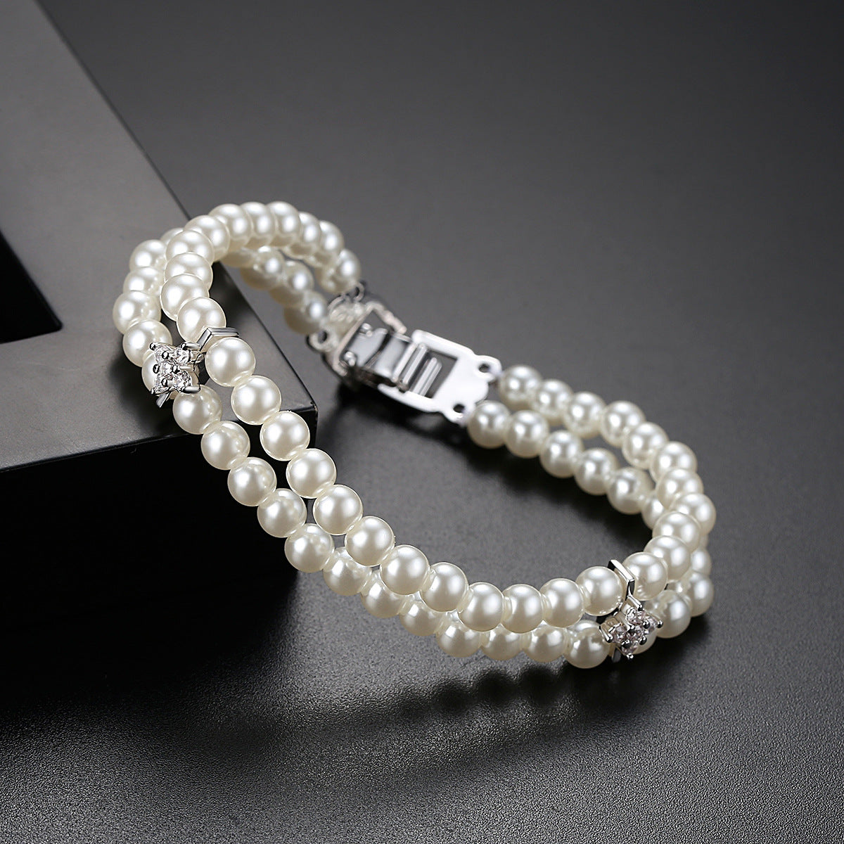 Elegant Double Layered Faux Pearl & Cubic Zirconia Bracelet AAA751