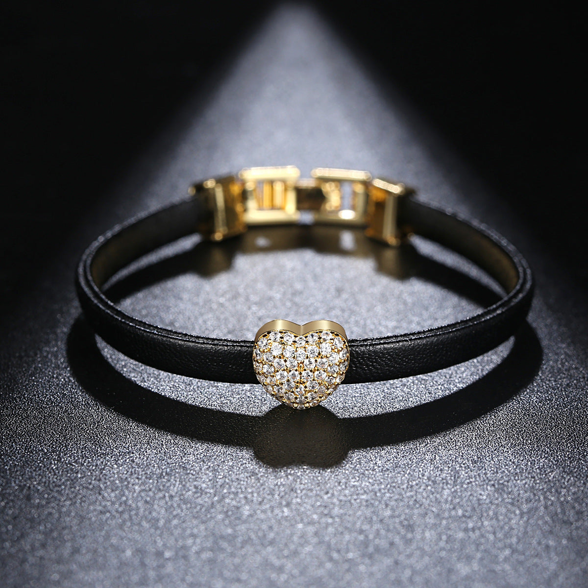 Gold Plated Heart Shape Cubic Zirconia Leather Bracelet AAA968