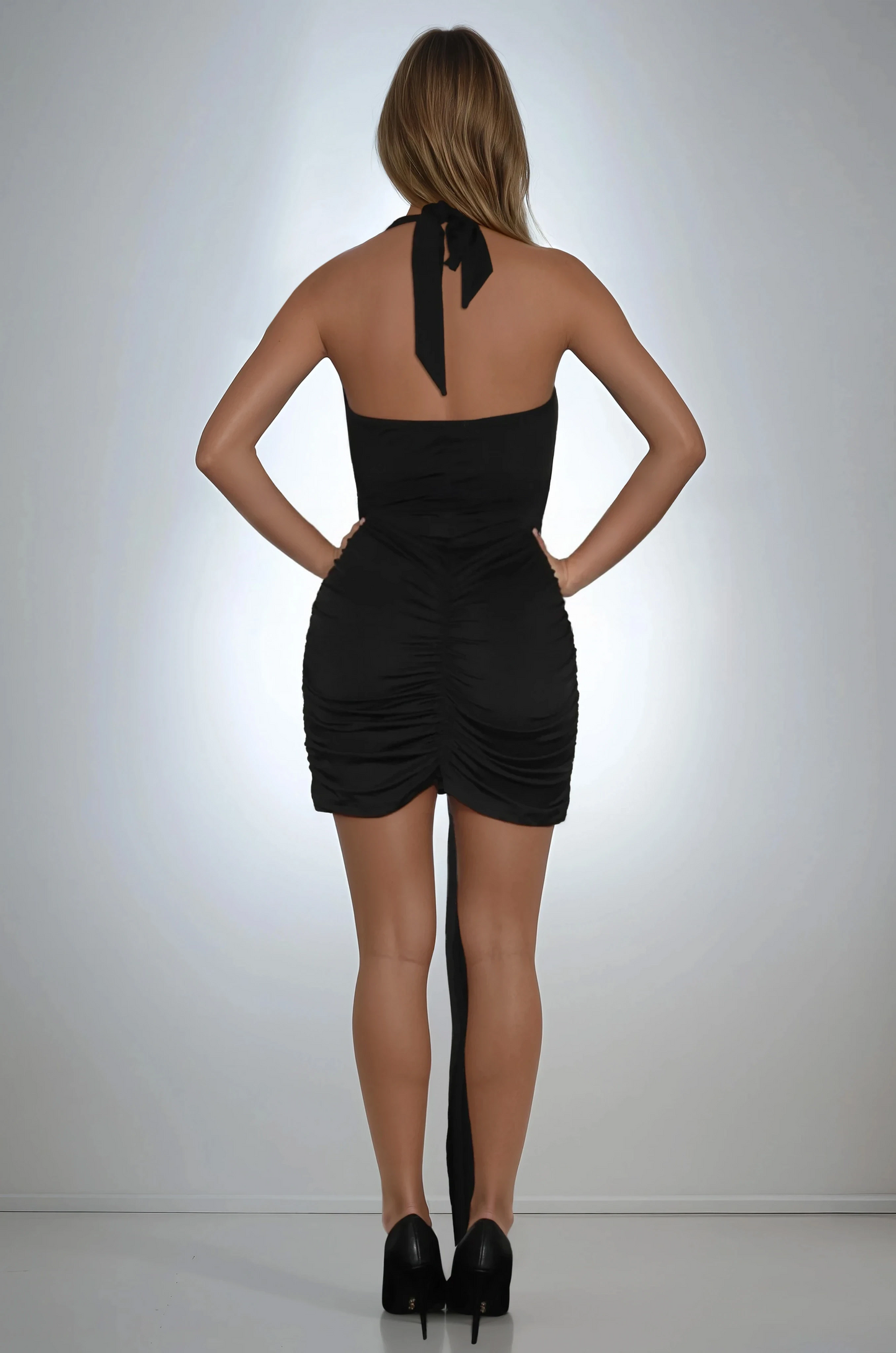 Black Halter Neck Plunge Ruched Mini Dress NDS-007