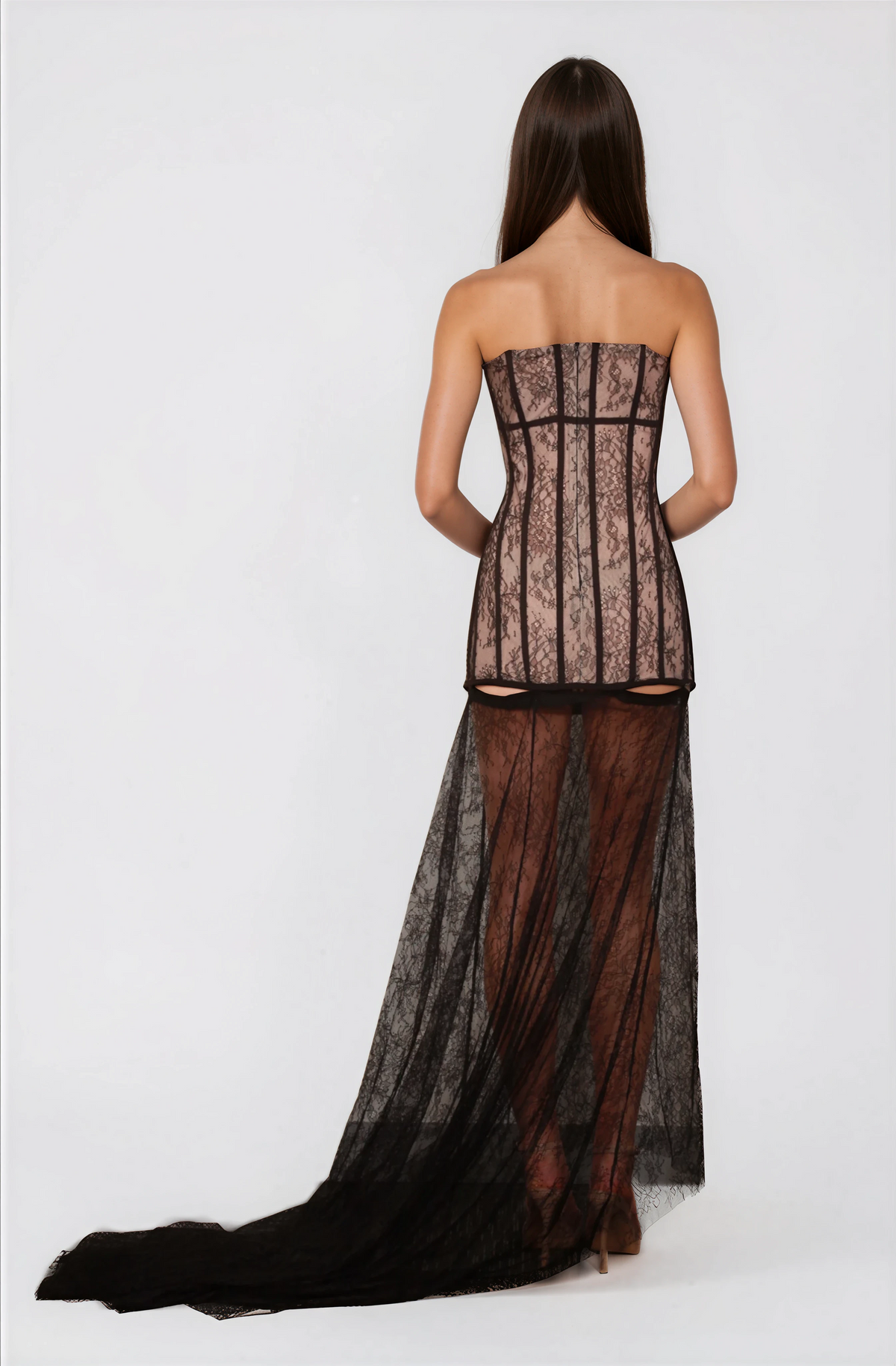 Luxury Range Black Sheer Lace Corset with Train Gown NDS-040