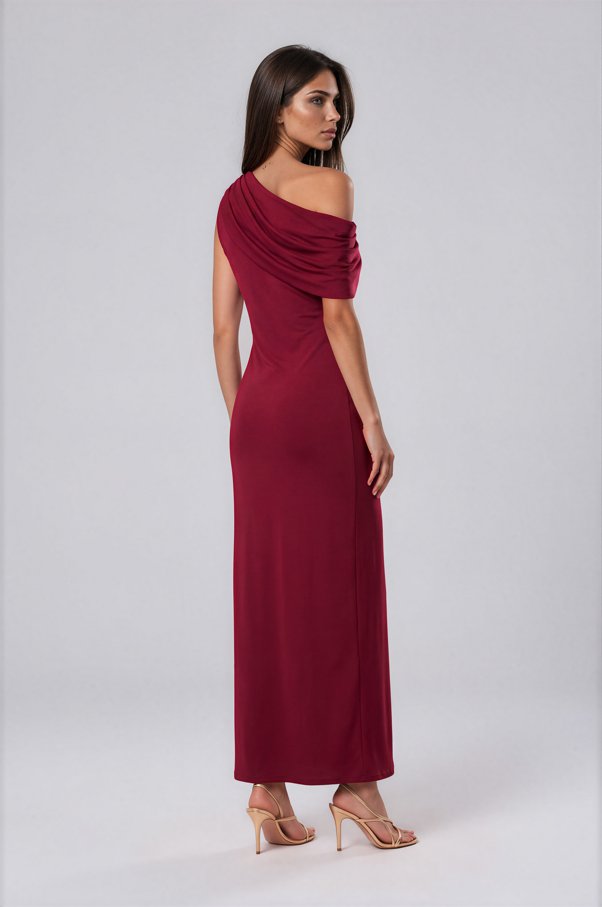 Burgundy Draped One-Shoulder Maxi Dress NDS-055