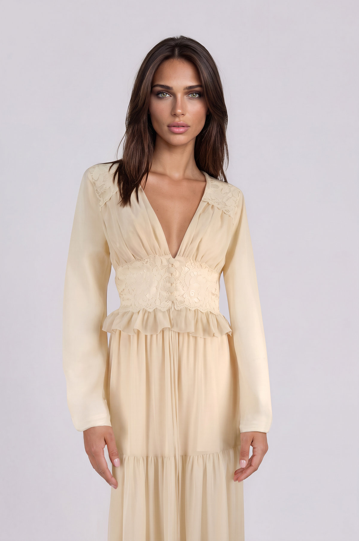 Vintage Lace Waist Peplum Dress – Cream NDS-068