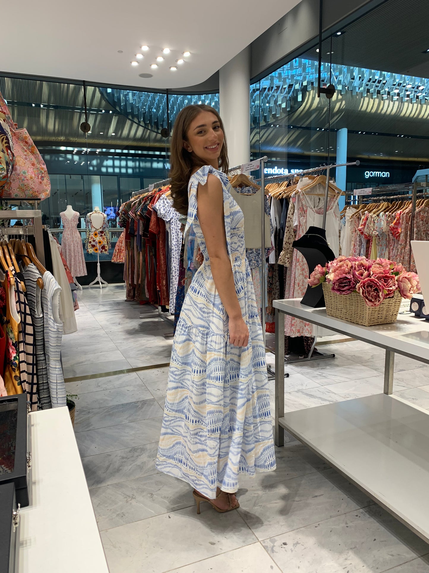 One-Shoulder Blue and White Midi Dress CR1124-042