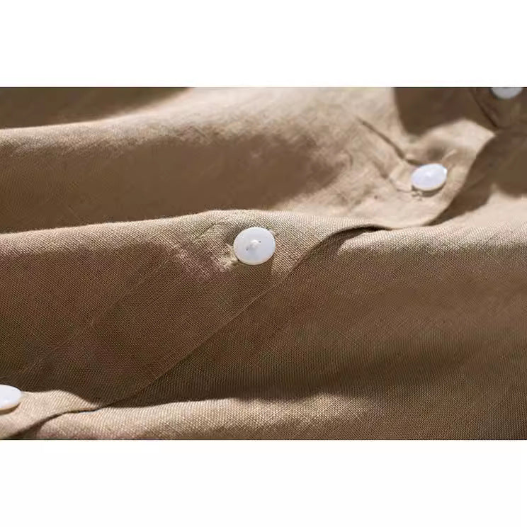Premium 100% French Linen Button-Up Round Neckline Shirt CRLinen1124-001- KK20 DD8
