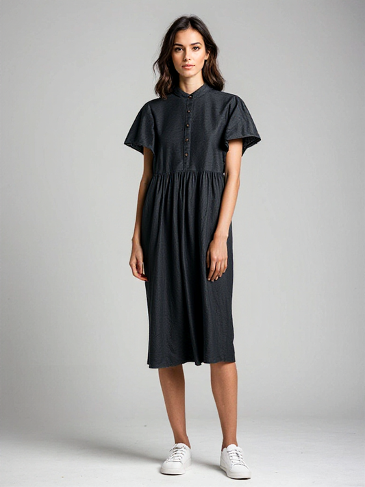 Button-Down Pleated Midi Dress CRLinen1216-028