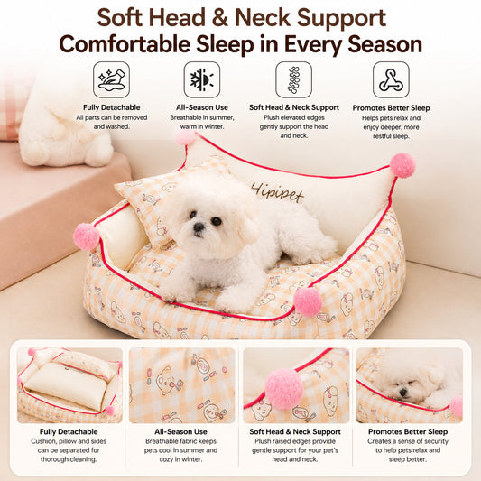 Hipipet Soft Support Pet Bed with Pillow | Washable Dog & Cat Sofa Bed | All-Season Comfort