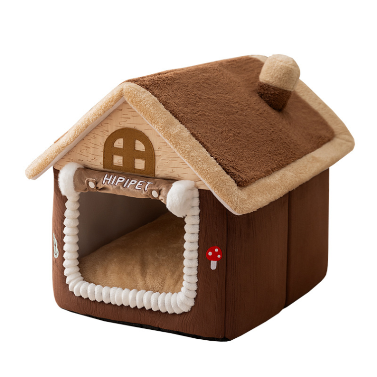 Luxury Plush Cat House Bed – Soft Warm Pet Cave with Roof Design