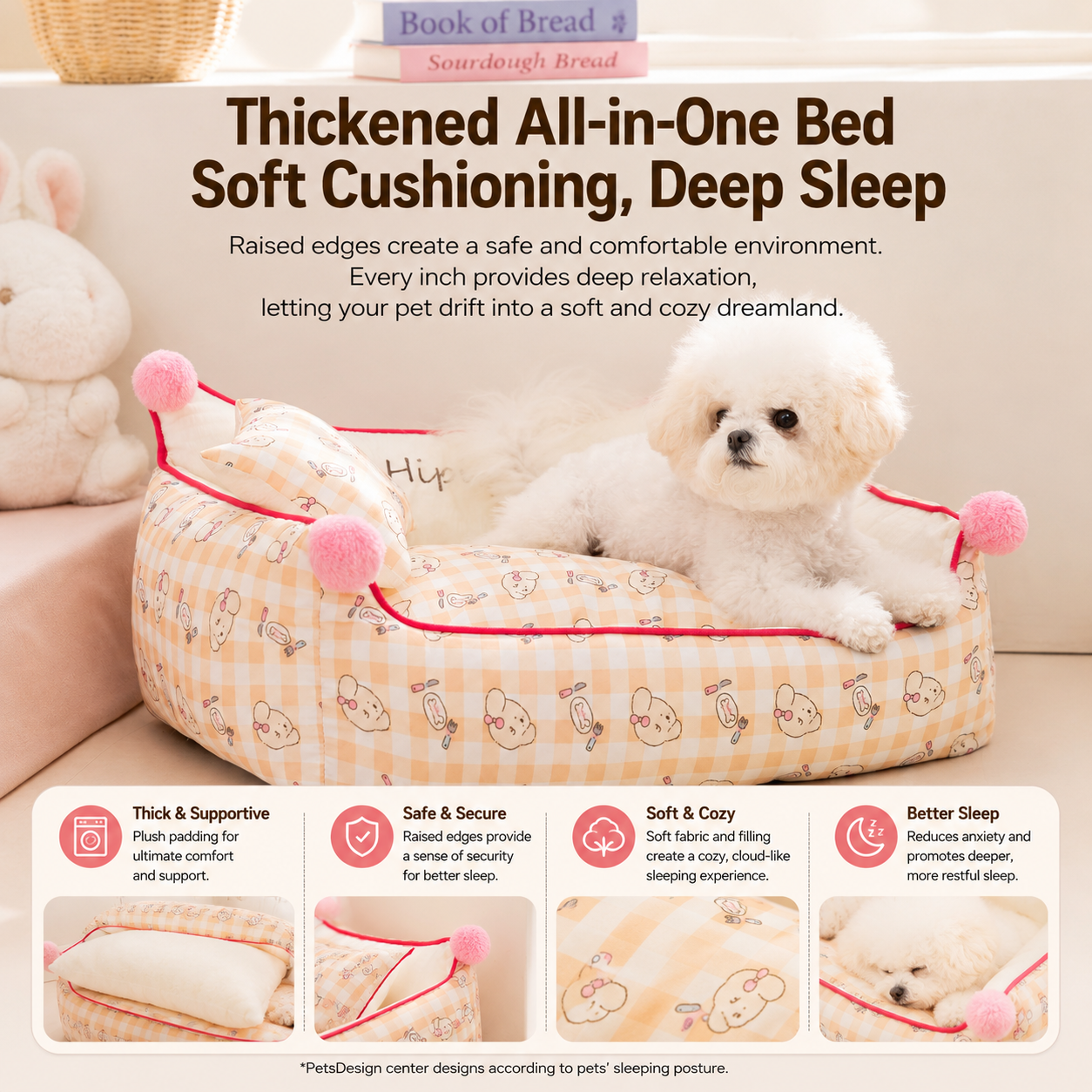 Hipipet Soft Support Pet Bed with Pillow | Washable Dog & Cat Sofa Bed | All-Season Comfort