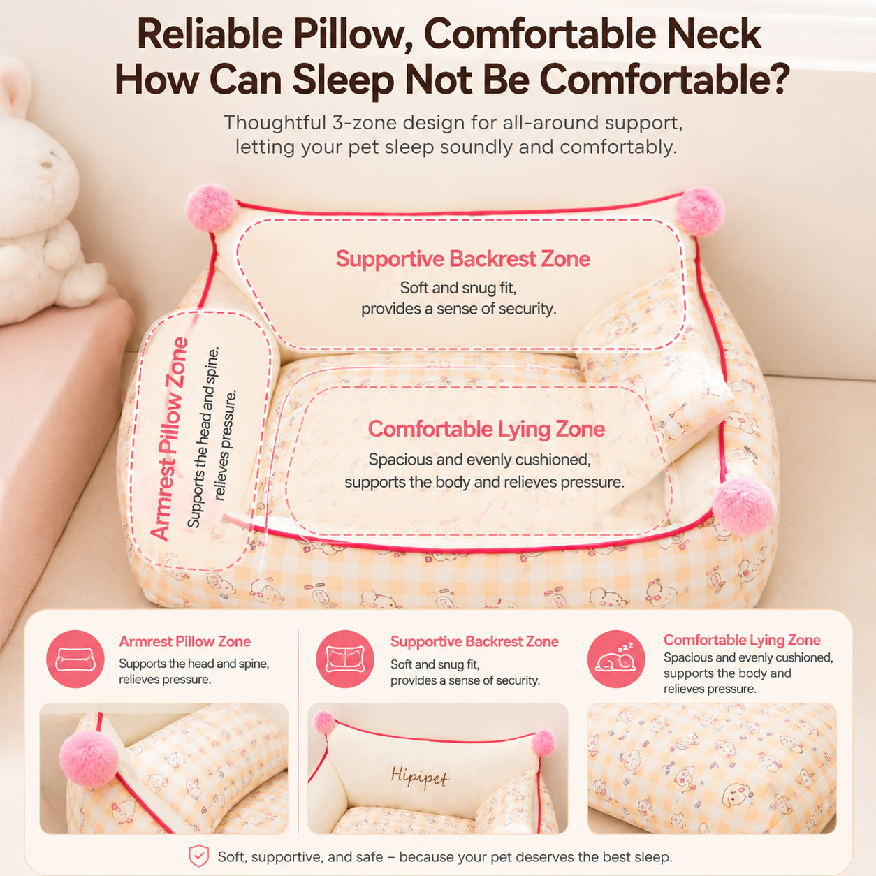 Hipipet Soft Support Pet Bed with Pillow | Washable Dog & Cat Sofa Bed | All-Season Comfort