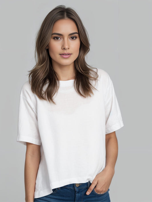 Premium 100% French Linen Short-Sleeve Round Neckline Tops CRLinen1124-021-KK025 D