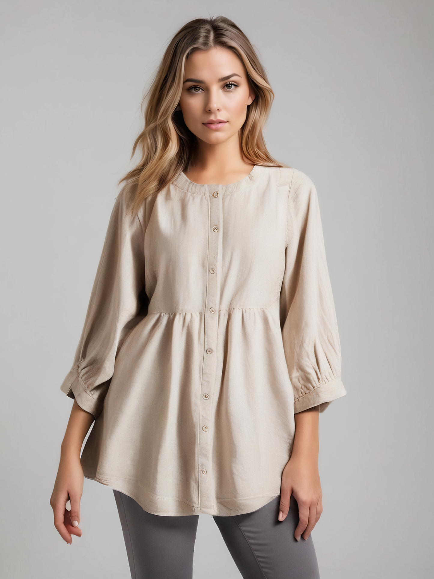 Button-Up Linen Blouse with Puff Sleeves CRLinen1216-002