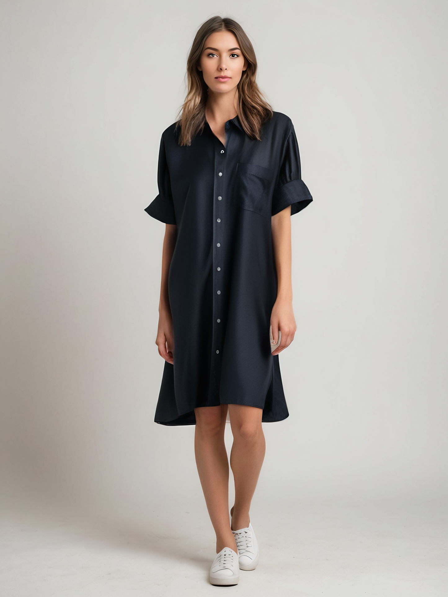 Button-Up Midi Shirt Dress with Half Sleeves CRLinen1216-010