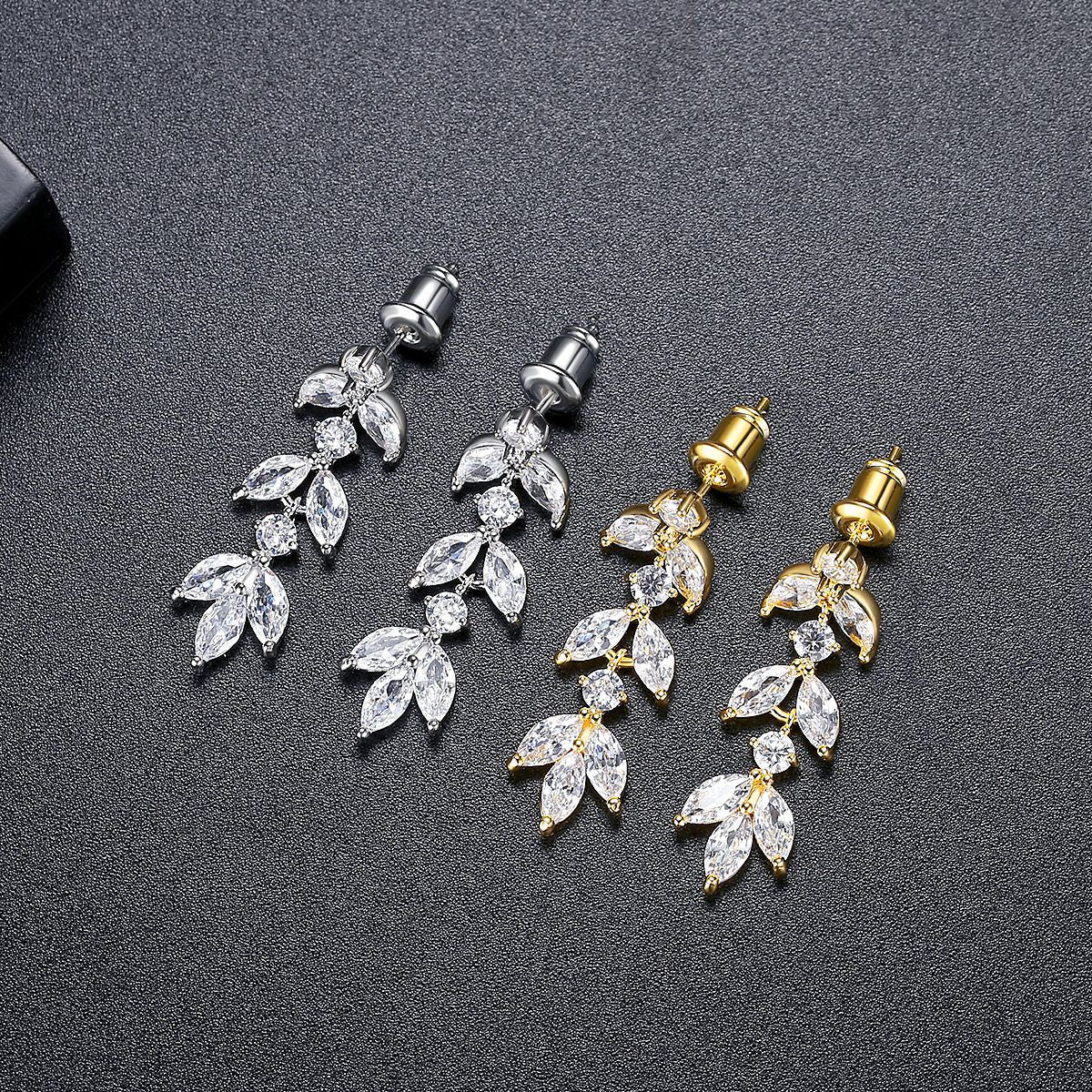 Cubic Zirconia Bridal Navette Leaves Drop Earrings AAA001