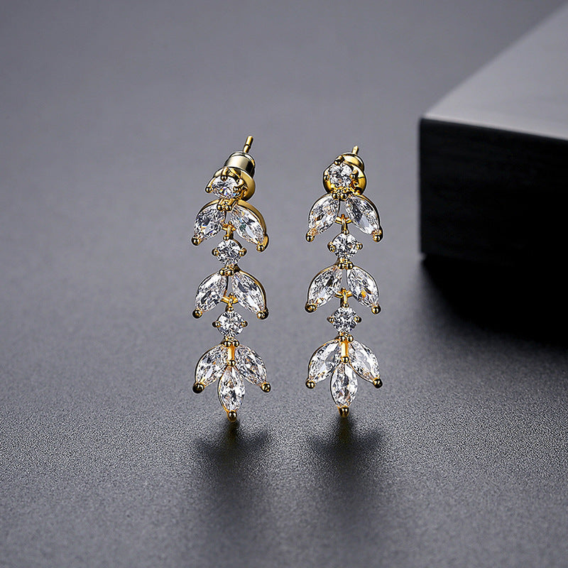 Cubic Zirconia Bridal Navette Leaves Drop Earrings AAA001