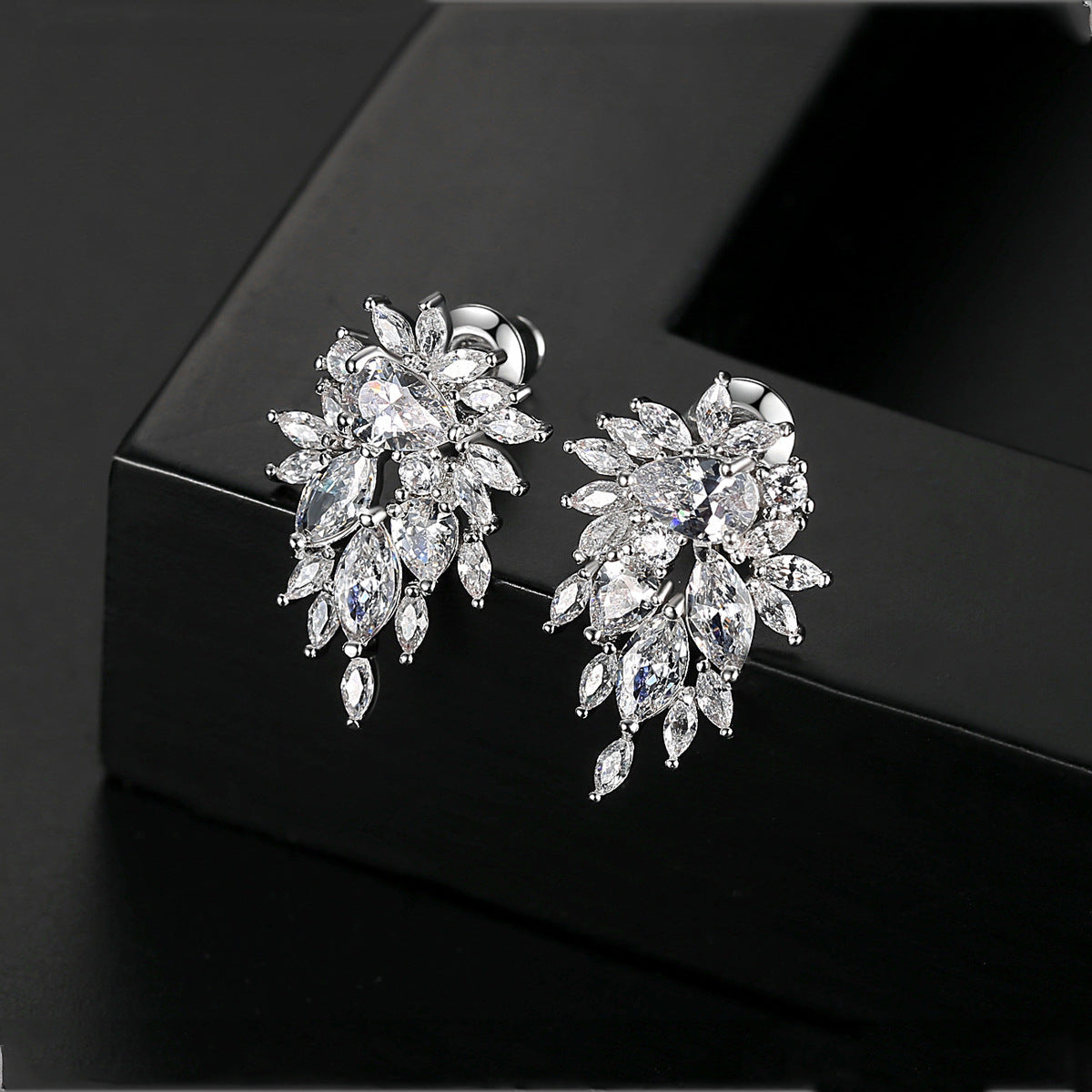 Cubic Zirconia White Gold Plated Navette Stud Earrings AAA003