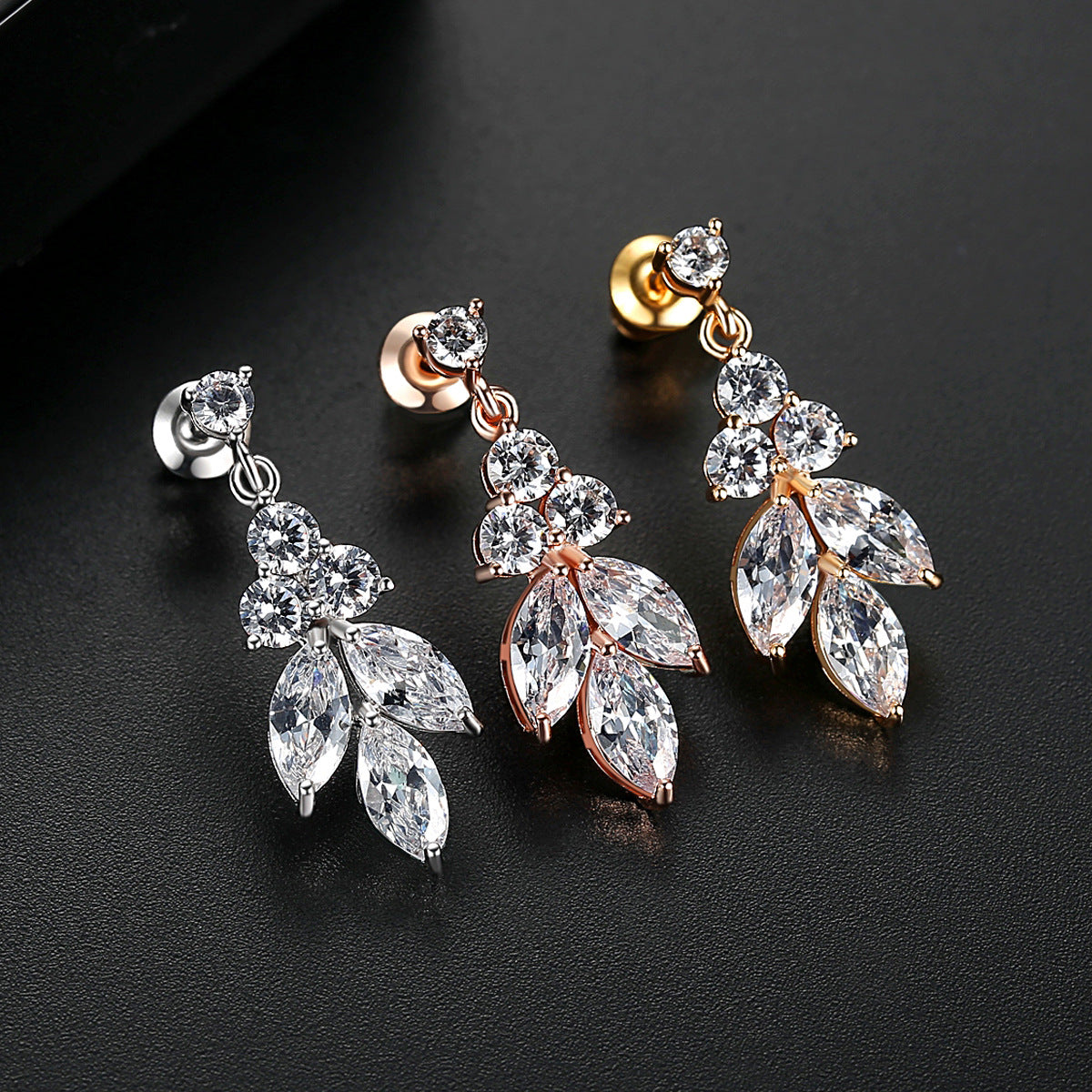 Rose Gold Plated Marquise Cubic Zirconia Dangle Drop Earrings AAA013