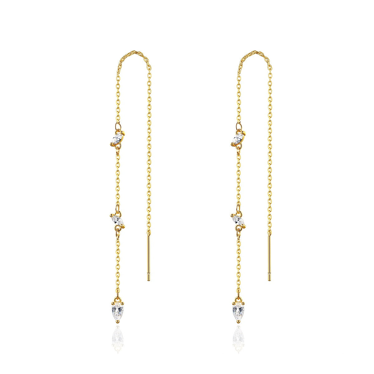 Gold Plated Cubic Zirconia Long Chain Threader Earrings AAA056