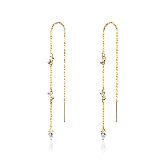 Gold Plated Cubic Zirconia Long Chain Threader Earrings AAA056