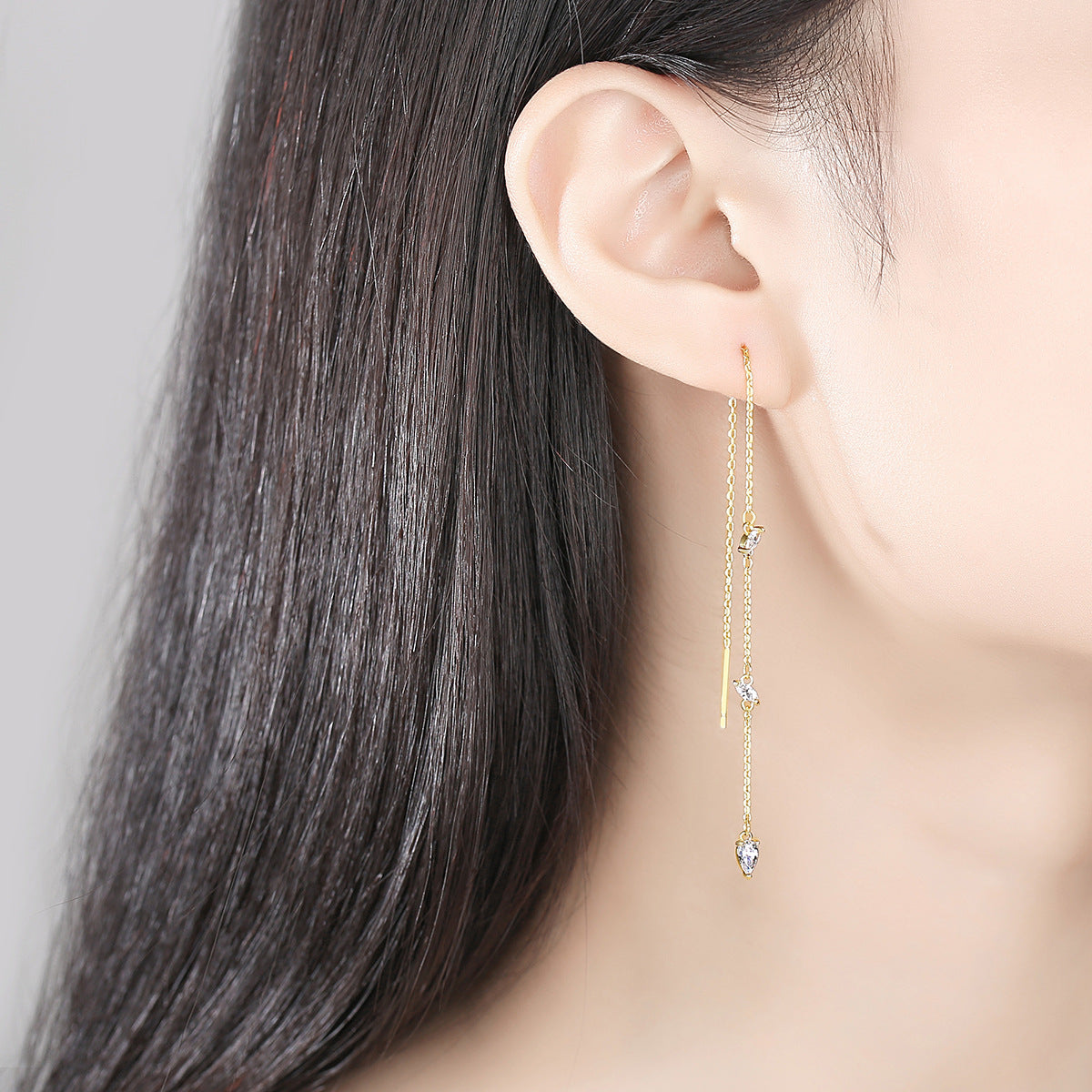 Gold Plated Cubic Zirconia Long Chain Threader Earrings AAA056