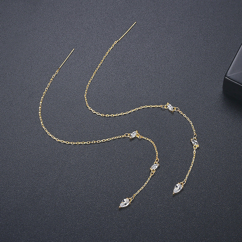 Gold Plated Cubic Zirconia Long Chain Threader Earrings AAA056