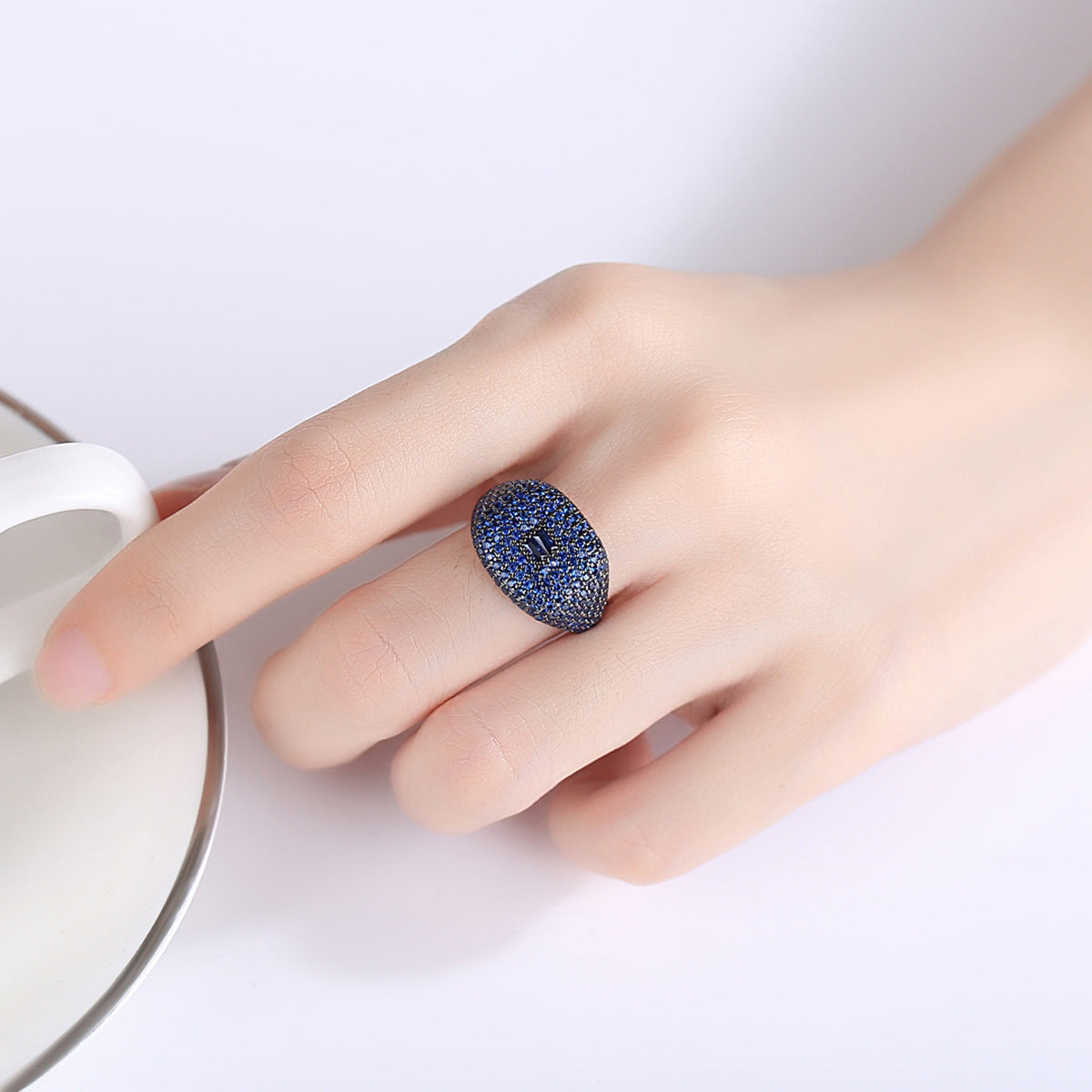 Rose Gold Plated Blue Cubic Zirconia Adjustable Open Ring AAA057