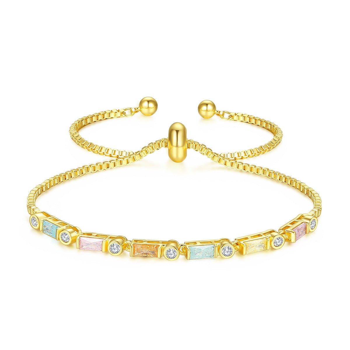 Multicolor Baguette Cubic Zirconia Gold Plated Adjustable Chain Bracelet AAA1026