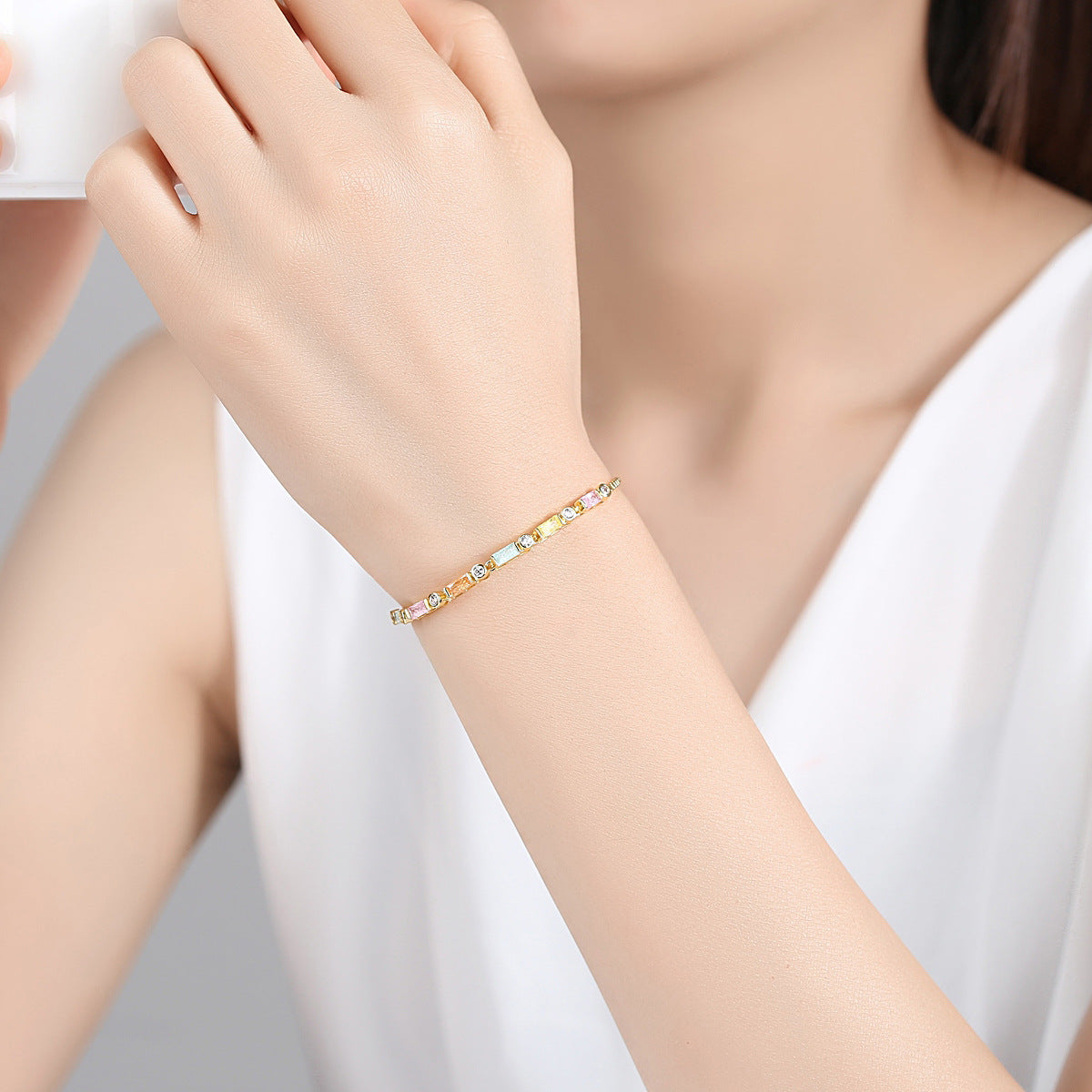Multicolor Baguette Cubic Zirconia Gold Plated Adjustable Chain Bracelet AAA1026