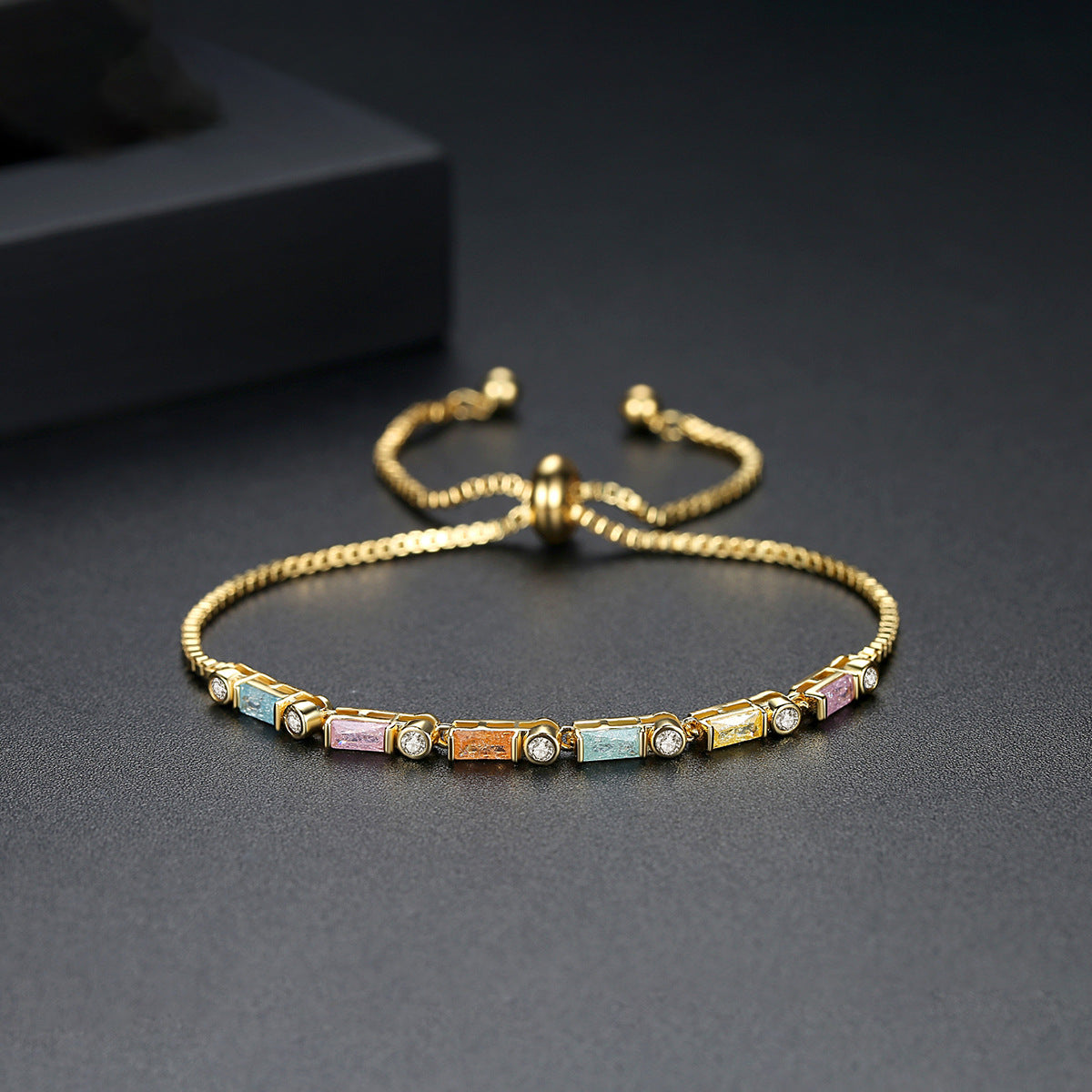 Multicolor Baguette Cubic Zirconia Gold Plated Adjustable Chain Bracelet AAA1026